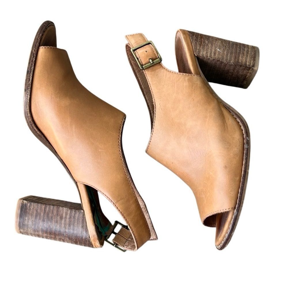 Madewell Tan Leather Peep-Toe Slingback Block Heel Sandals | Size 37 (6.5–7)